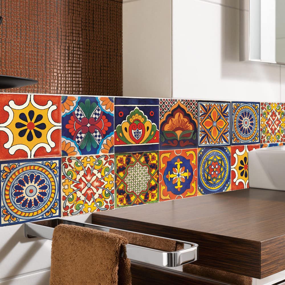 20 Pcs 4"×4" Tile Stickers Peel and Stick, Self Adhesive Waterproof Removable Mandala Style Tiles Backsplash for Kitchen Bathroom Furniture Staircase DIY Home Decor (4"×4", TS295)