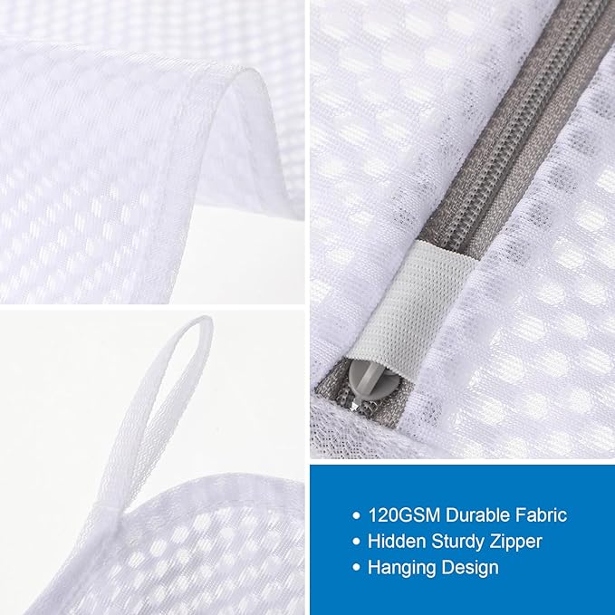 4 PCS Durable Honeycomb Mesh Laundry Bags for Delicates with Zipper, 12 x 16 Inches Reusable Laundry Bag Mesh Wash Bags for Washing Machine for Clothes, Shoes, Socks, Underwear, Bra (M, White)