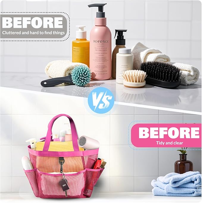 Mesh Shower Caddy Portable for College Dorm Room Essentials with 8 Pockets, Shower Bag for Beach, Swimming, Gym, Travel, Bathroom(All rose pink)