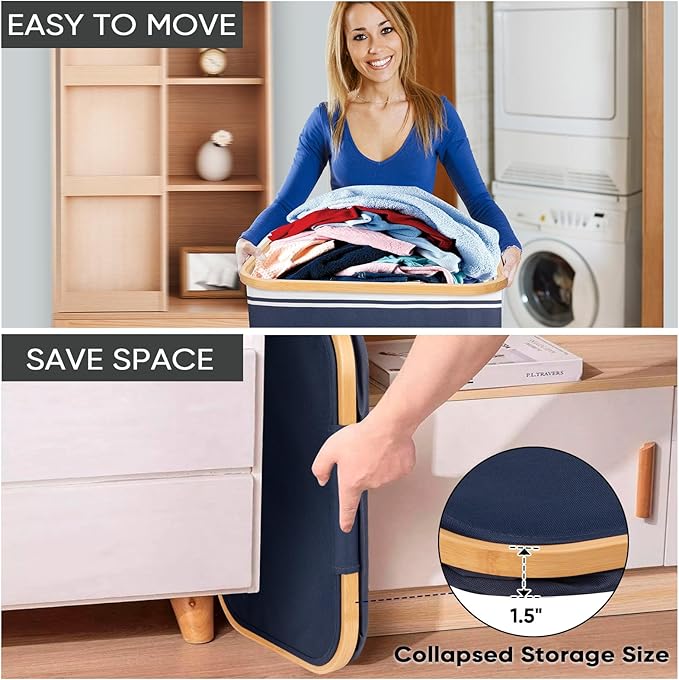 BALEINE Laundry Hamper with Lid, Tall Laundry Baskets with Bamboo Pull Handles, Large Laundry Bin with Internal Support (18 Gal/70L, Blue Stripe)
