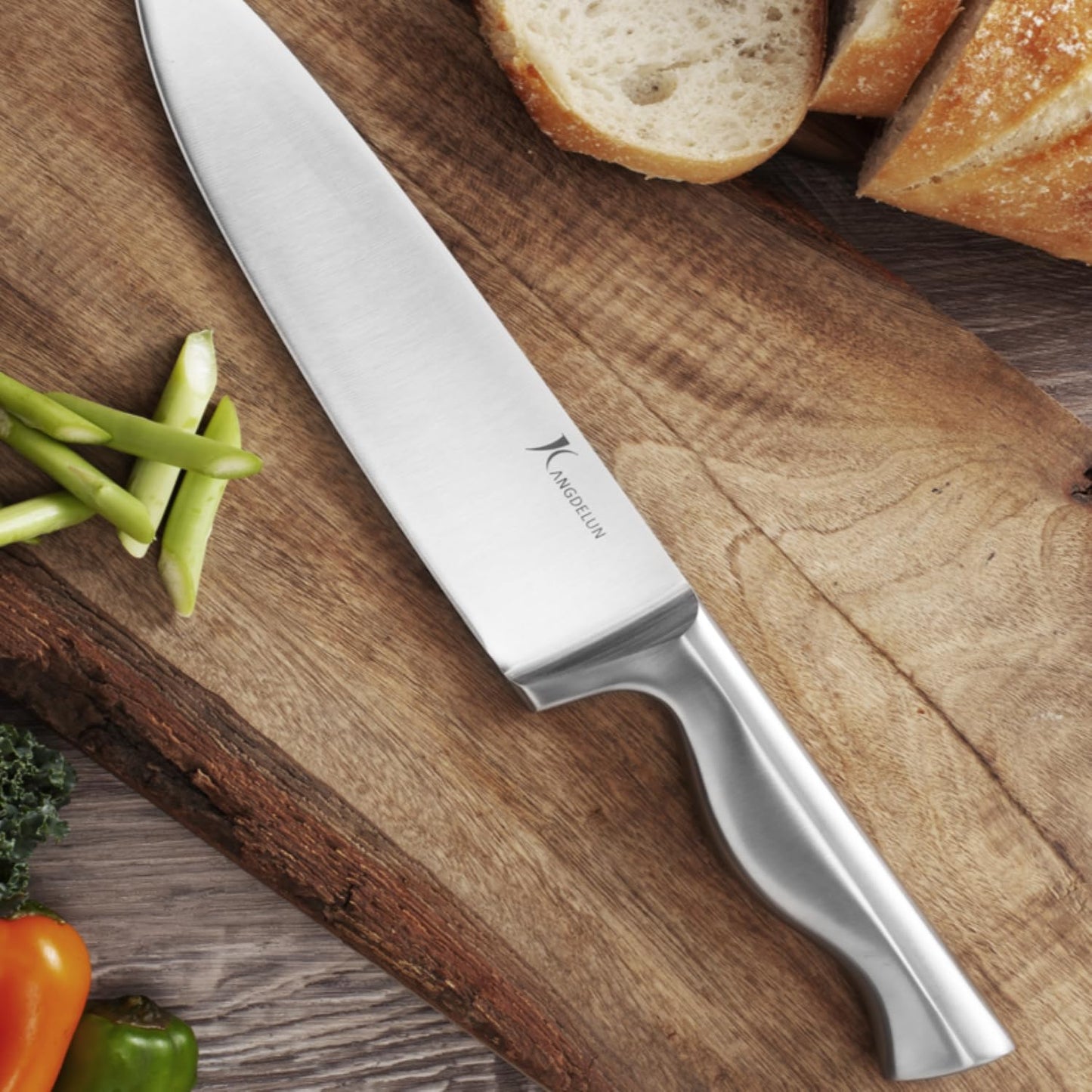 Kangdelun 15-Piece Ultra Sharp Kitchen Knife Set with Wooden Block, Exclusive Ergonomic Anti-Slip Handle, High-Carbon 50CR15MOV Steel, Angled Design, Natural Wood Block