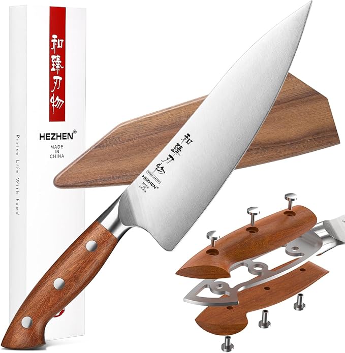 HEZHEN 8 PCS Kitchen Knife Block Set, German DIN 1.4116 Steel Knife Set with Block and Sharpener,Kitchen Shear, Ultra Sharp Blade,Red Wood Handle, Gift Packing