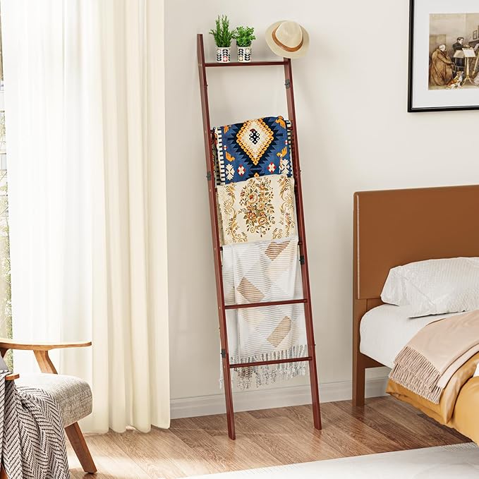BAMBANG 6-Tier Blanket Ladder for Living Room, Blanket Quilt Ladder Rack Rustic Decorative Towel Holder, Wall Leaning Blanket Ladder Shelf Storage Farmhouse Decor for Bedroom Bathroom, Brown