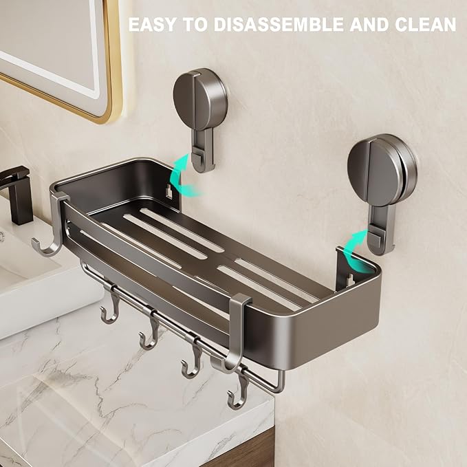 VOLPONE Shower Caddy Suction Cup, 2 Pack Corner Shower Shelves No Drilling, Showers Organizer Storage with Towel Bar & Removable Hooks, Bathroom Shower Shelf Rack for Inside Showers, Square