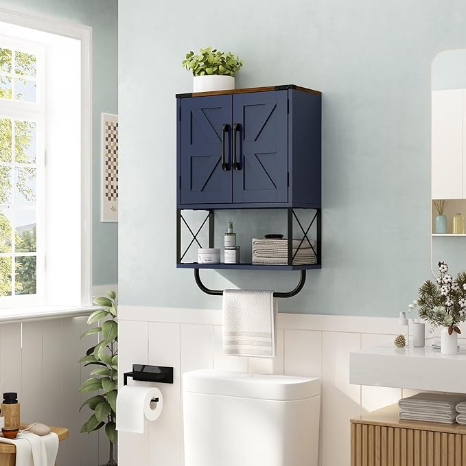 RUSTOWN Farmhouse Rustic Medicine Cabinet with Two Barn Door,Wood Wall Mounted Storage Cabinet w/Dark Brown Top & Adjustable Shelf and Towel Bar, 3-Tier Cabinet for Bathroom(Navy Blue)