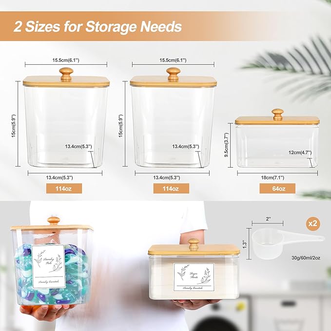 3 Pack Plastic Laundry Pods Container & Dryer Sheet Holder, Laundry Room Organization and Storage Jars with Lids, Scoops & Labels for Detergent, Powder, Scent Booster