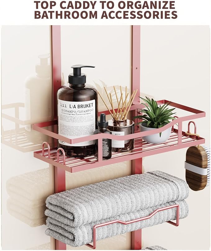 Hanging Towel Racks for Bathroom No Drill - 6-Tier Over The Door Bath Towel Storage Organizer for Small Bathrooms - Tiered Back of Door Towel Holder Hanger for Rolled Towels RV Camper Rose Gold