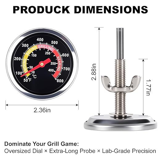 ELFFILLA BBQ Thermometer 2-3/8" Oversized Dial, 50-800°F Smoker Thermometer Weatherproof with Easy Read Numbers - Grill Temp Gauge for Charcoal Grill & Meat Smoking Kit Includes Mounting Hardware