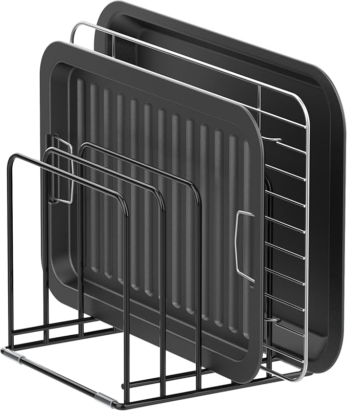KORRTFID Kitchen Cabinet Organizer, 2PCS Steel Cookware Holder, Divided Holder with 3 Slots for Skillets Baking Tray and Chopping Board Rack - Pan Holder Storage (2.2 Inch Width Slots)