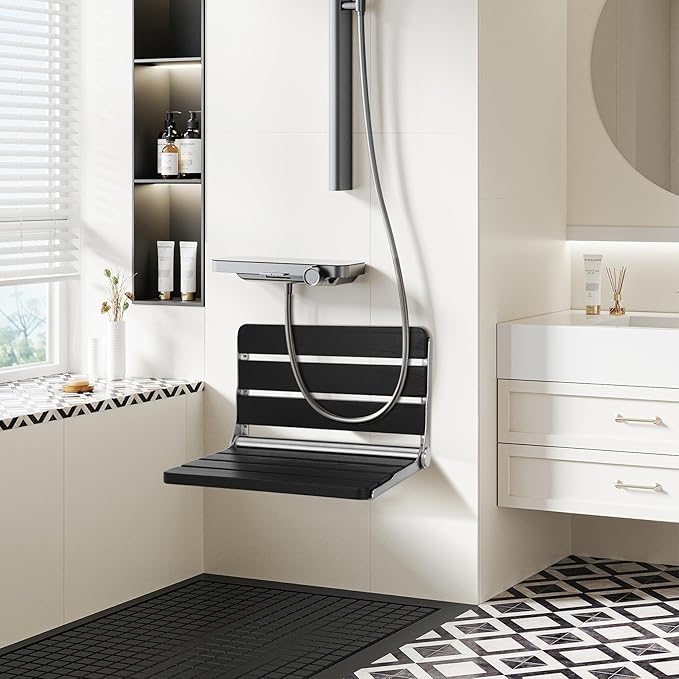 Foldable Shower Seat Wall Mounted,Folding Shower Seat for Adults, 400lbs Max Load for Inside Shower, Small Shower Spaces, 16"