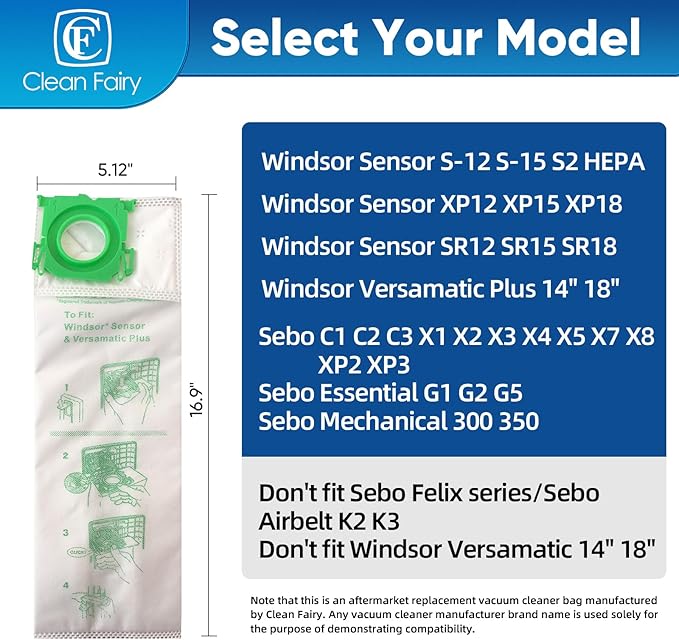 12PK Micro Vacuum Bags for Sebo C/G/X & Windsor S12/S15/SR Series