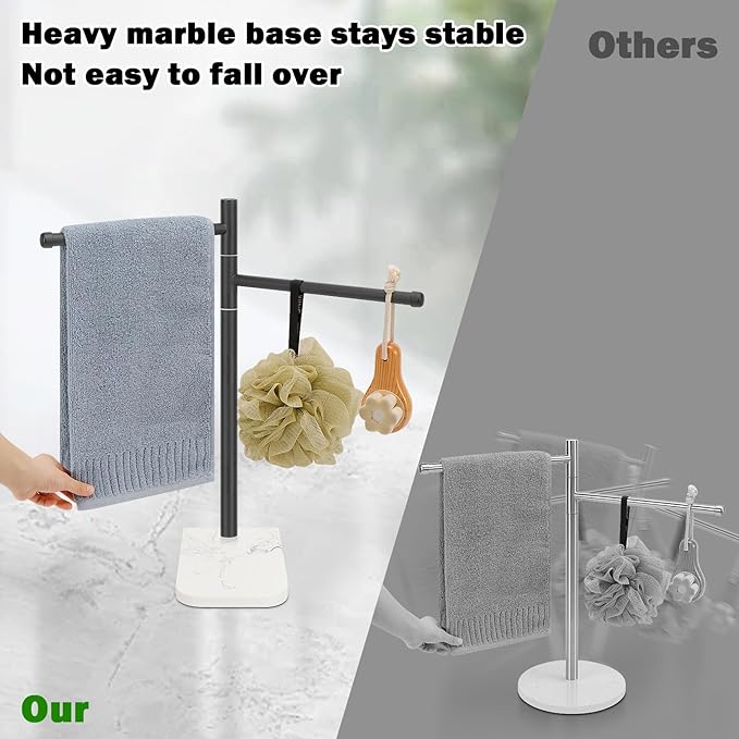Standing Hand Towel Holder, Hand Towel Stand with Marble Base, 304 Stainless Steel Towel Rack with 2 Swivel Arm, Countertop Stand Towel Ring Towel Bar for Bathroom (Matte Black)