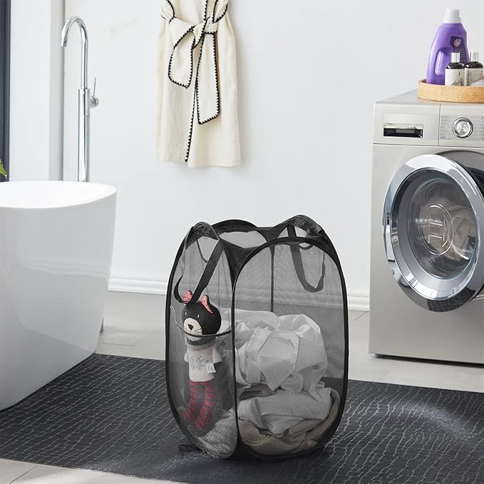 TECHMILLY Collapsible Mesh Pop Up Laundry Hamper with Sturdy Handles and Side Pocket - Portable Foldable Clothes Baskets for Dorm, Bathroom & Travel Storage (Black, 3 Packs)