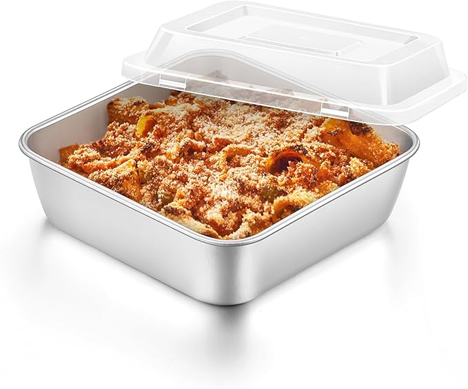 E-far 8 x 8-Inch Square Baking Pan with Lid, Stainless Steel Square Cake Brownie Pan, Fit for Toaster Oven, Non-toxic & Healthy, Easy Storage & Dishwasher Safe - 2 Pieces