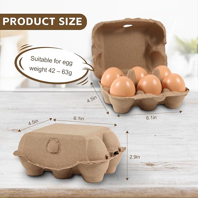 40 Pack Half Dozen Egg Cartons Bulk 6 Count, Empty Natural Paper Pulp Egg Cartons Reusable, Strong Sturdy Design Made from Natural Cardboard.