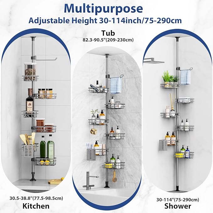 Corner Shower Caddy Organizer Tension Pole, Adjustable 6 Shower Shelves Corner Shelf 30-120Inch Rustproof Shower Rack for Inside Shower, Extra Towel Bar Soap Dish Bathroom Organizers and Storage Gray
