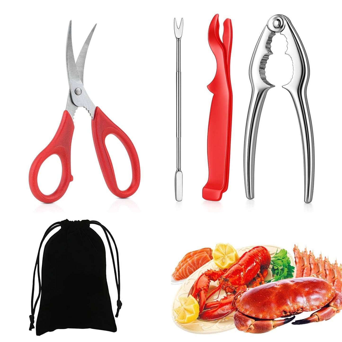 5 PCS Seafood Cracker Tool Set, Including Lobster Sheller, Stainless Steel Crab Crackers, Crab Leg Fork, Scissors and Storage Bag for Seafood Boil Party Supplies, Ideal Gift for Friends