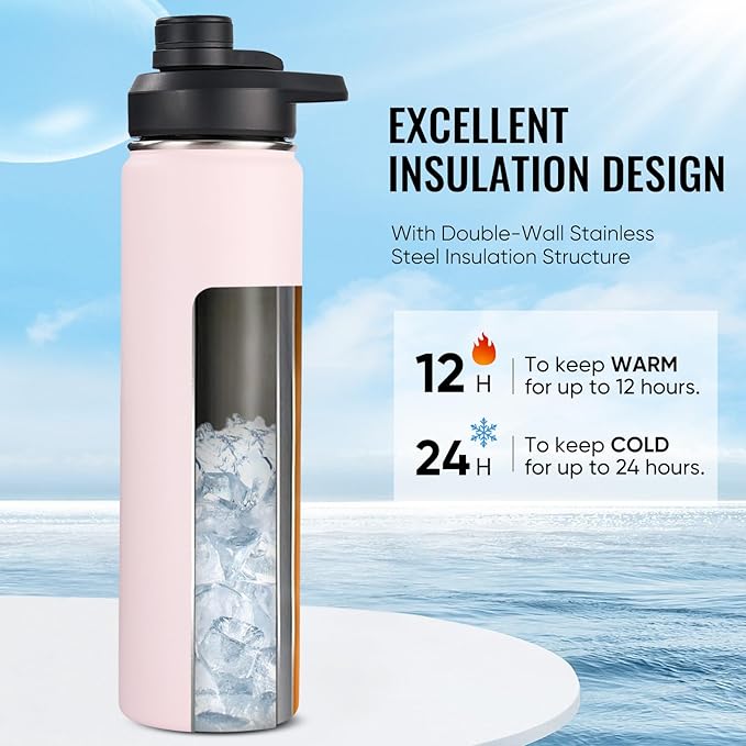 24 oz Insulated Water Bottle with Handle, 304 Stainless Steel Water Bottles with Wide Mouth, Double Wall Vacuum Sports Water Bottle, BPA Free, Keep Cold and Hot, Pink