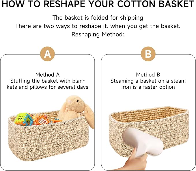 Small Storage Baskets for Organizing | Closet Organizer Bins | Shelf Toy Basket | Woven Rope Baskets | Cube Decorative Box | Shallow Basket | 13x8.5x5.1” | 3 Packs White Brown