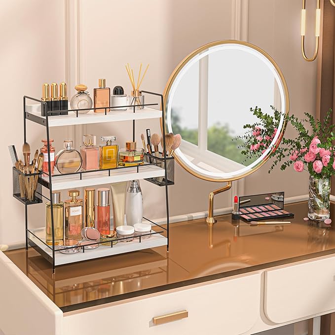 Bathroom Counter Organizer,Bathroom Countertop Organizer with Baskets,Vanity Organizers,Counter Shelf,Countertop Storage, Makeup Organizers(White)