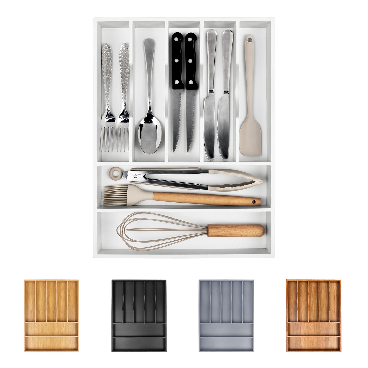 Bellsal Large Premium Acacia Wood Silverware Organizer - Expandable Utensil Drawer Organizer - 17"x19.6" Utensil Holder and Cutlery Tray with Grooved for Kitchen Flatware Utensils(7-9 Slot, Acacia)