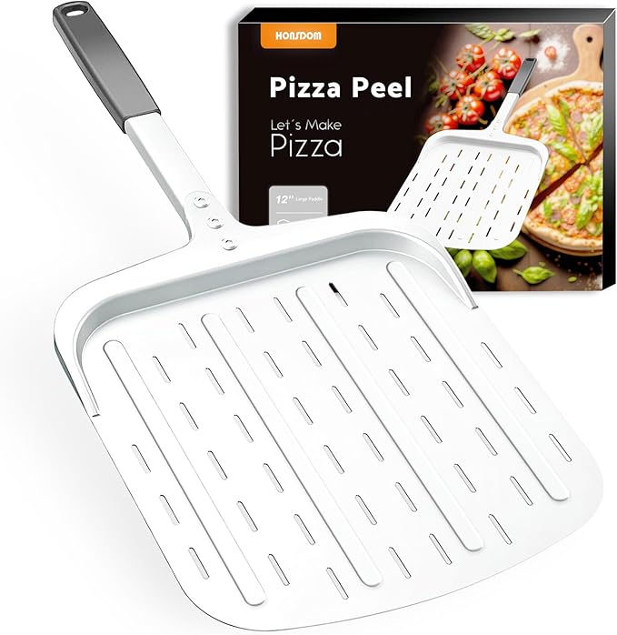 Pizza Peel 12 Inch, Large Aluminum Pizza Paddle with Long Ergonomic Handle & Perforated Non-Stick Surface, Pizza Oven Accessories for Baking, Launching, Turning & Retrieving Pizzas, Bread & Pastries