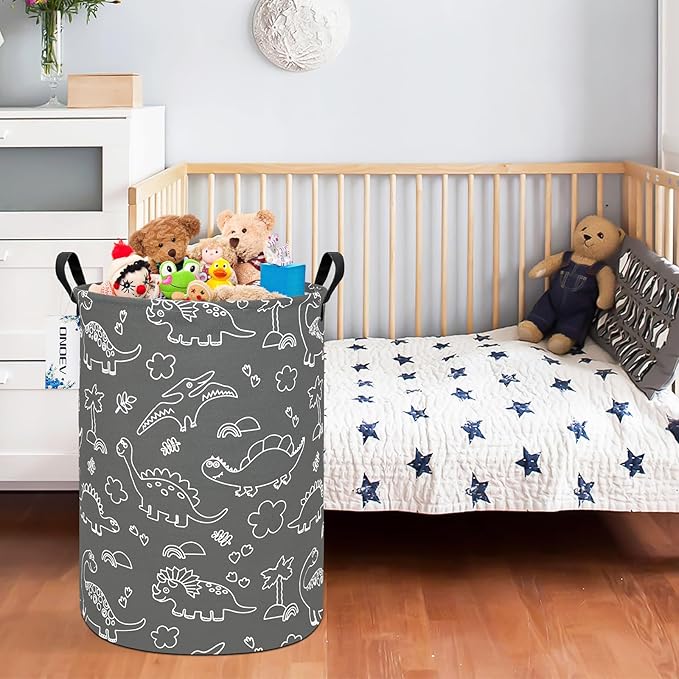 Round Dinosaur Waterproof Laundry Hampers Gift Basket Children's Toy Organizer Bag Room Decoration Basket(Gray Line Dinosaur)