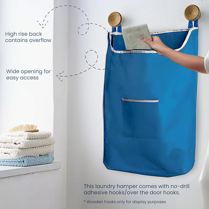 The Fine Living Co. X-Large Hanging Laundry Hamper with Over Door Hooks & Adhesive, Durable Space Saving Laundry Bag with Zipper and Wide Open Top, Hanging Dorm Laundry Hamper 20"x3.75"x31" (Blue-XL)