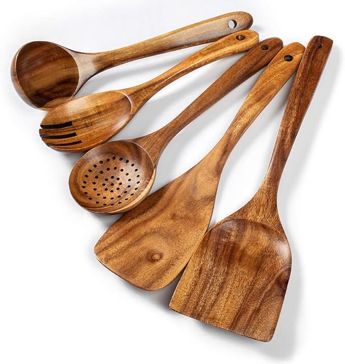 Wooden Utensils for Cooking, 7pcs Natural Acacia Wood kitchen utensils set with Holder For Cooking Utensil set Wooden Spoons Spurtle Spatula For Cooing Non-Stick Pan