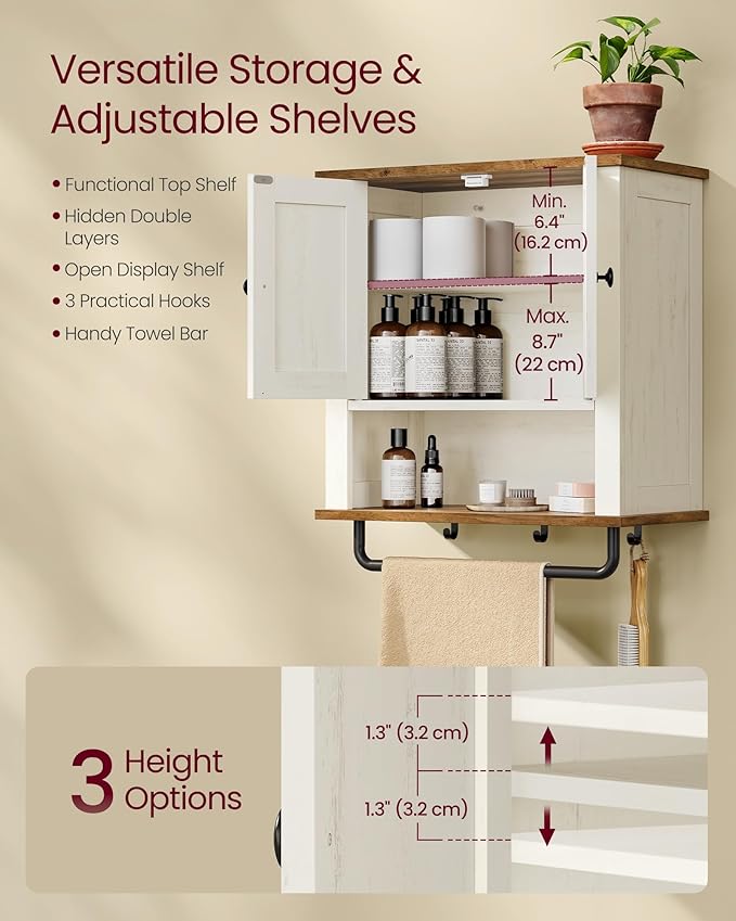 VASAGLE LIRY Collection - Bathroom Wall Cabinet, Farmhouse Wall-Mounted Medicine Storage Cabinet with 2 Barn Doors, Adjustable Shelf, Towel Bar, 7.9 x 18.1 x 24 Inches, Rustic White UBBK132W01S