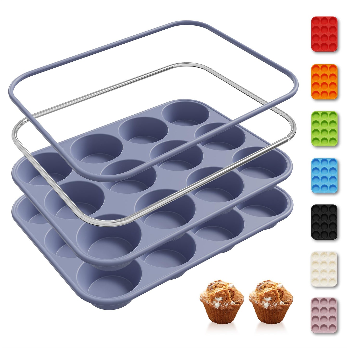 2 Pack 12 Cups Silicone Muffin Pan with Metal Reinforced Frame Regular Size Silicone Molds Cupcake Cake Baking Pans Cookie Baking Chocoflan Cupcake Mold Kitchen Baking Mold Tools for Cooking
