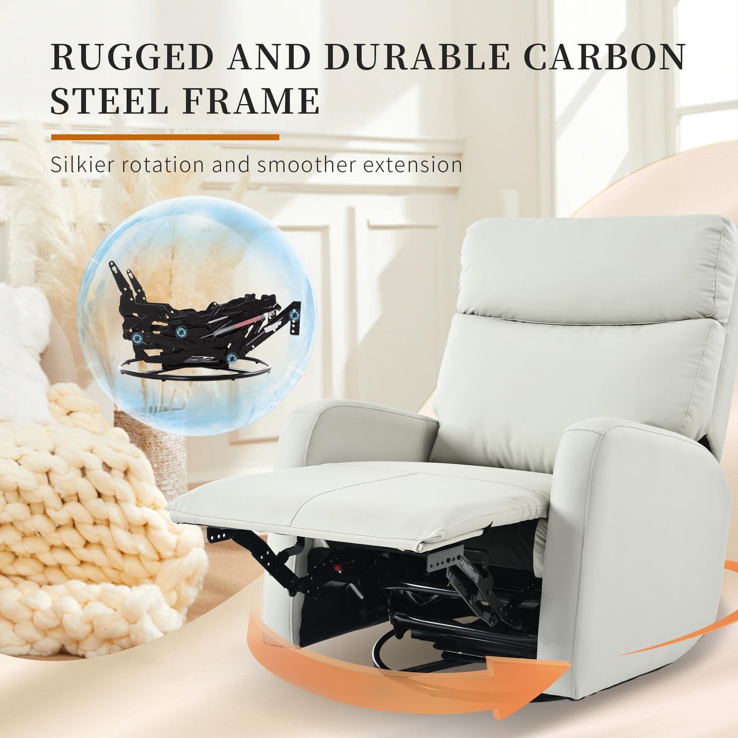 CHSICFOR Modern Recliner, Swivel Glider Chair, Nursery Reclining Sofa with Lumbar Support, Adult Soft Padded Faux Leather, 360 Free Rotation, Removable Phone Holder, Gray