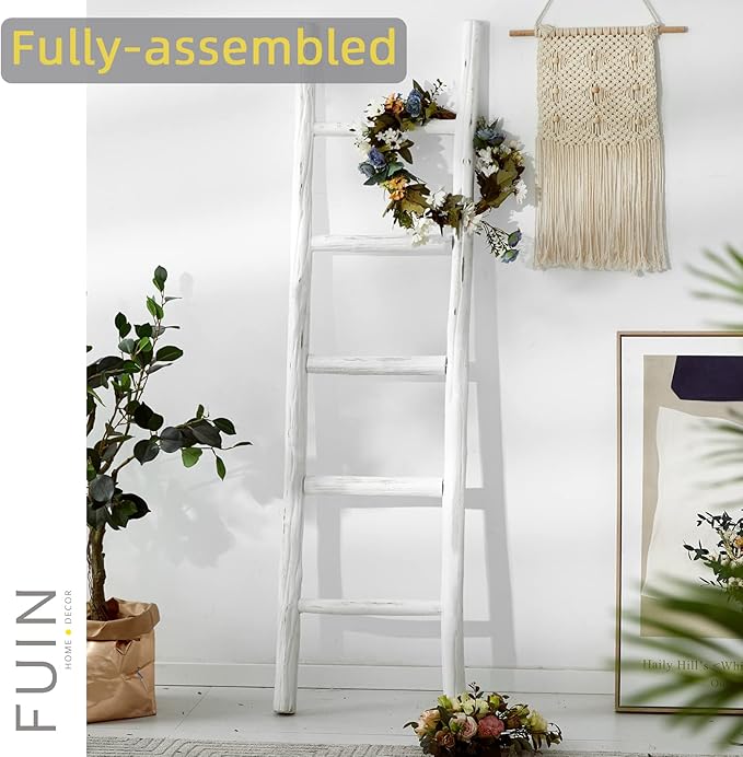 FUIN Fully Assembled 57in Wood Blanket Ladder Living Room Decorative Wall Leaning Farmhouse Quilt Display Holder Rustic Wooden Towel Rack for Bathroom, White