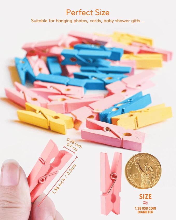 Mini Clothes Pins Wooden Colored Clothespins for Photo Baby Shower 1.4 Inch 50 PCS, Tiny Colorful Clips Small Rainbow Close Pin for Classroom Crafts Project Decorations Hanging Pegs