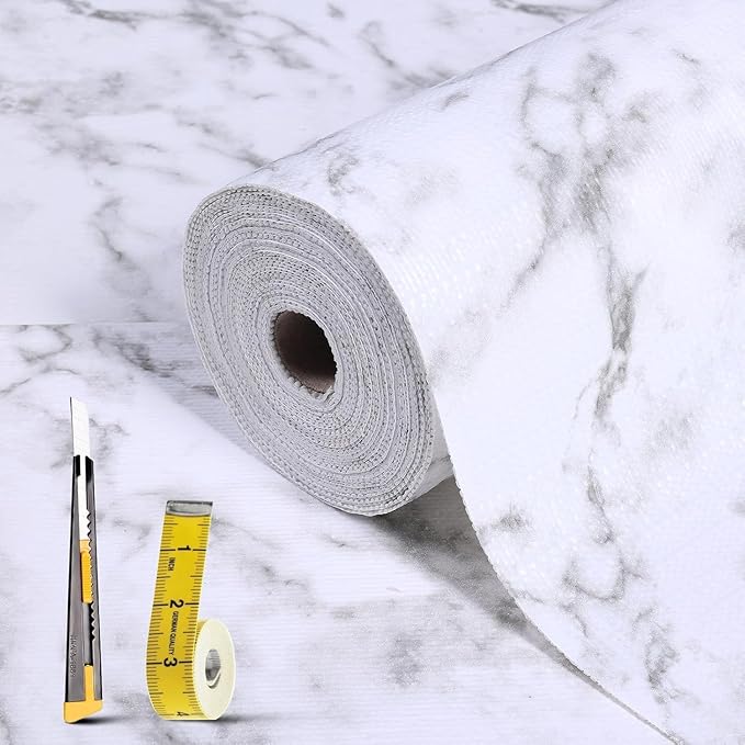 Drawer and Shelf Liner for Kitchen Cabinet: 12 in X 40 Ft Non Slip Waterproof Shelf Paper Non Adhesive Refrigerator Liners White Marble Easy Liners for Bathroom with Knife Tape Measure