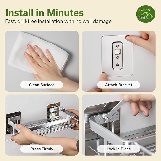EVALAND Shower Caddy Adhesive 2-Pack with Hooks and Rod for Towels, Silver – Premium Bathroom Shower Shelves, Shampoo Organizer, Bathtub Shelf, Rustproof, Easy Installation, Sturdy Modern Look