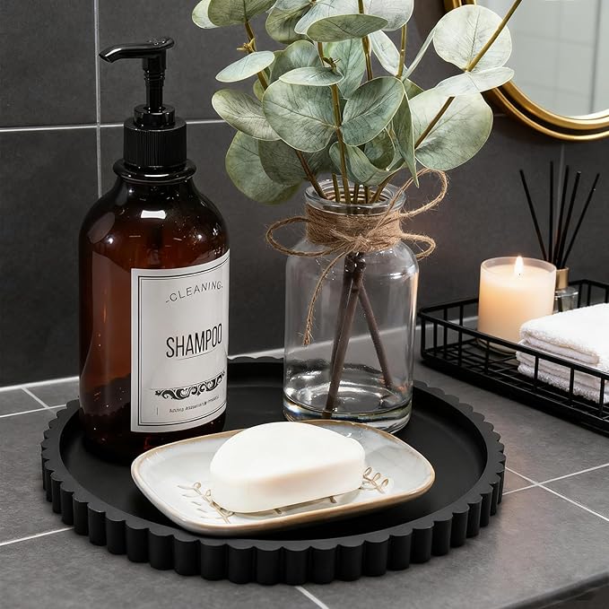 Silicone Bathroom Countertop and Vanity Tray-10 Inch Round Silicone Bathroom Tray, Modern Bathroom Decor, Coffee Table Decor, Decorative Tray for Candle, Perfume, Plants (Black)