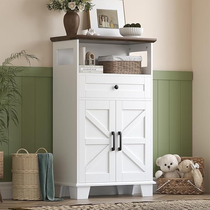 Farmhouse Bathroom Storage Cabinet with Drawer & Adjustable Shelves, White 23.6" Wide Freestanding Floor Cabinet, Barn Door, Sturdy Wood, for Kitchen, Entryway (23.6 * 11.8 * 39.3" (Floor))