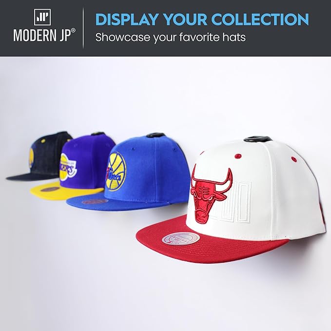 Modern JP Adhesive Hat Hooks for Wall (8-Pack) - Hat Rack for Baseball Caps, Minimalist Hat Display, Strong Hold Hat Hangers for Wall - USA Patented, Black