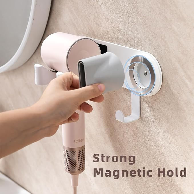 Hair Dryer Holder Wall Mounted, Hair Dryer Organizer Self Adhesive Compatible with Dyson Blow Dryer Holder Aluminum BlowDryer Holder Wall Mounted for Bathroom White
