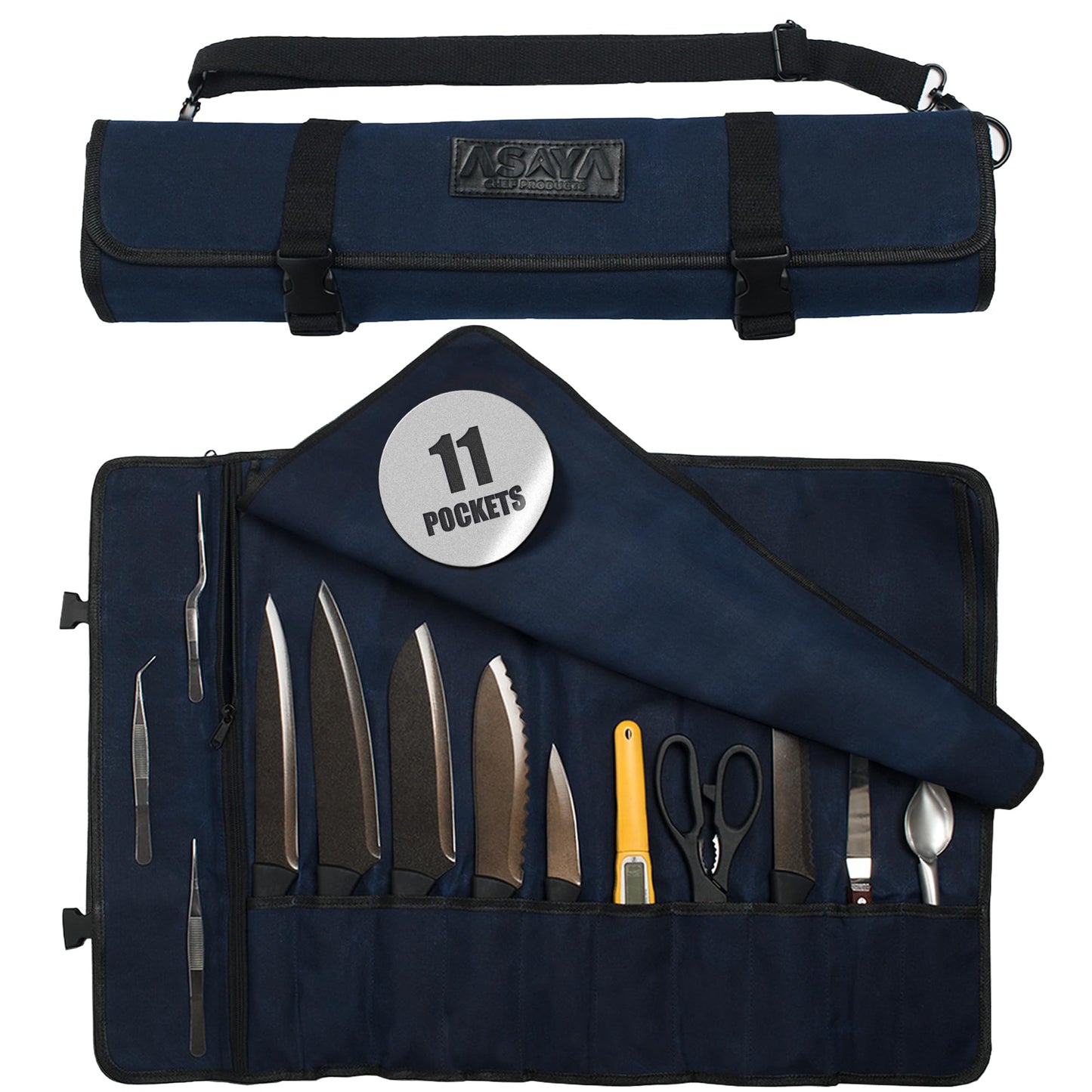 Asaya Waxed Canvas Chef Knife Roll Bag with 10 Slots and a Zipper Pocket - Professional Chef Knife Bag & Storage Case, with Shoulder Strap - Knives Not Included (Forest Green)
