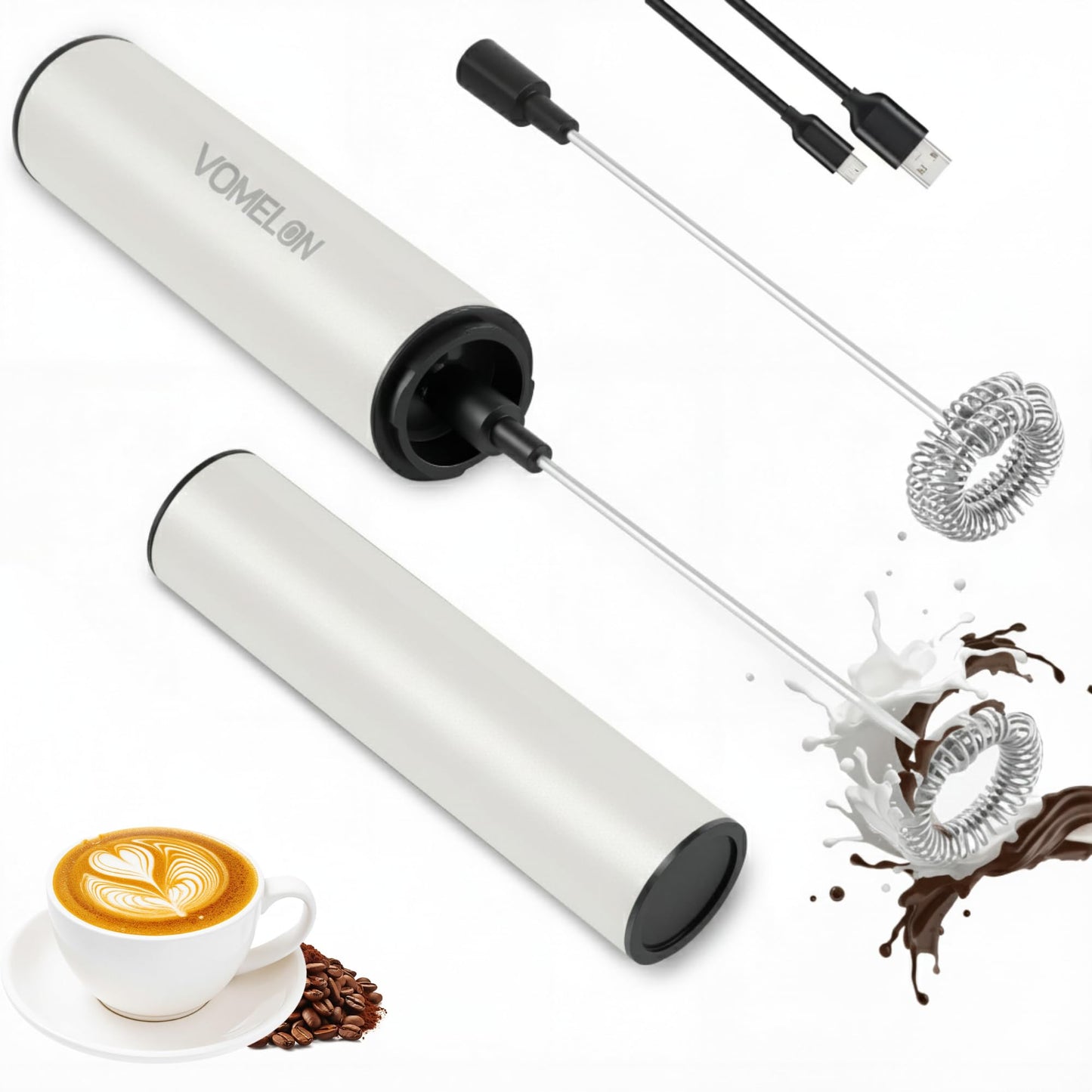 Rechargeable Milk Frother Battery Operated,2-Speed Portable Travel Frother,Electric Milk Foamer Coffee Frother for Latte, Cappuccino, Hot Chocolate Drink Mixer with Double Mini Whisks and USB Cable