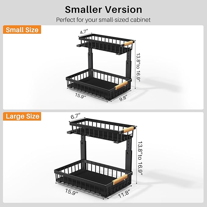 PXRACK Under Sink Organizer, Adjustable Height, 2-Pack 2 Tier Pull Out Under Cabinet Organizer, Slide Out Thickened Metal Under Sink Storage for Kitchen Bathroom Laundry Pantry Cabinet, S, Black