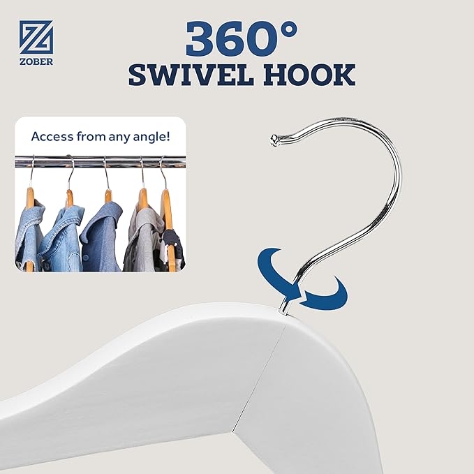 ZOBER White Wooden Hangers - Heavy Duty, Non Slip Wood Hangers for Coats, Jackets, Suits, & Pants - Coat Hangers for Closet W/Bar and Notches 20 Pack
