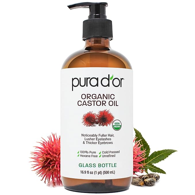 PURA D'OR 16.9 Oz ORGANIC Castor Oil (GLASS BOTTLE) 100% Pure USDA Certified Cold Pressed, Hexane Free Eyelash & Eyebrow Serum - For Fuller, Thicker Lashes & Brows - Skin & Hair Moisturizer