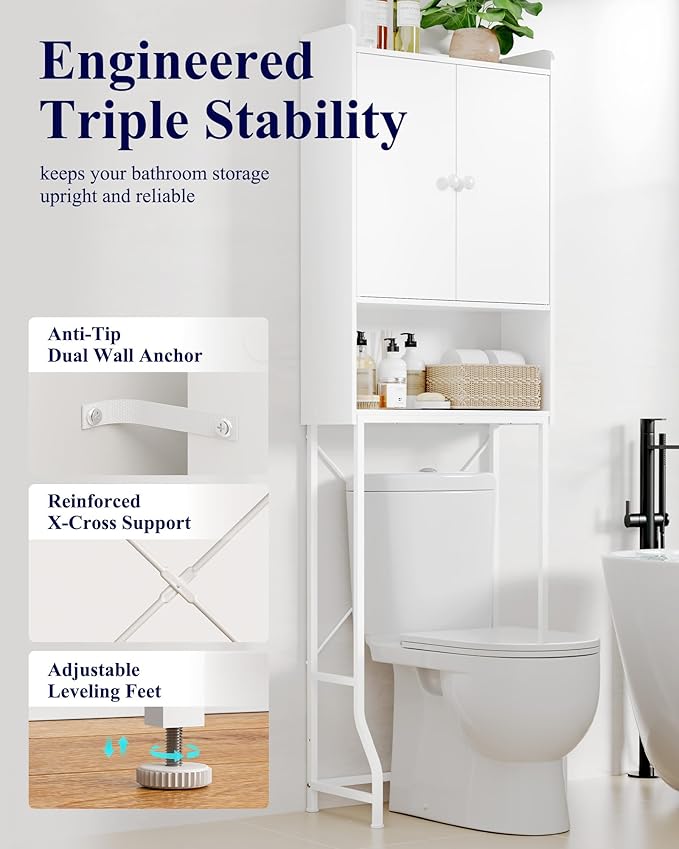 Kitsure Over The Toilet Storage Cabinet - 3 Tier Bathroom Organizers and Storage Solution with Adjustable Shelf & Bottom Bar, Anti-Tip Bathroom Storage Cabinet, White, 3 Tiers (68.1" H)