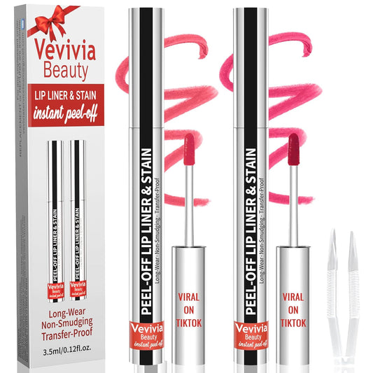 2pcs Lip Stain Peel Off - Lip Liner Stain Long Lasting Waterproof,2-in-1 Lip Liner with Tweezer Nude Matte,Non-Stick Cup,Highly Pigmented，Natural Finish,Stay On All Day,Perfect for Gift (Nude+Rose)