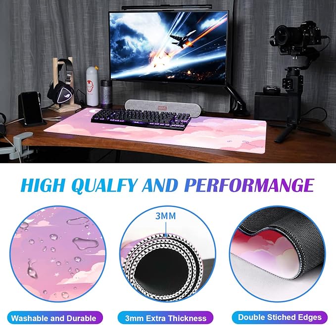 Cute Anime Cloud Desk Mat, Beautiful Pink Stitching Edge Non Slip Rubber Mouse