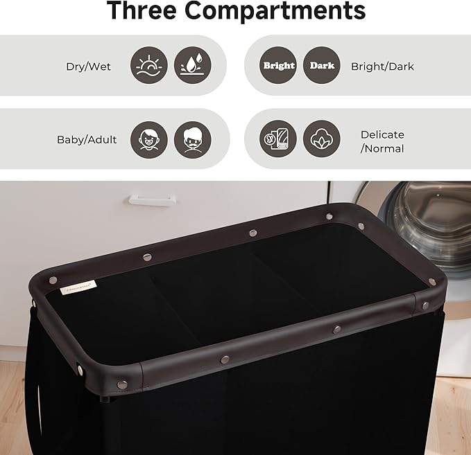 StorageWorks 3 Section Laundry Hamper, Rolling Laundry Cart with Wheels and Handles, Laundry Room Double Sorter for Organizer and Storage, 31.7 Gal(120L), Black