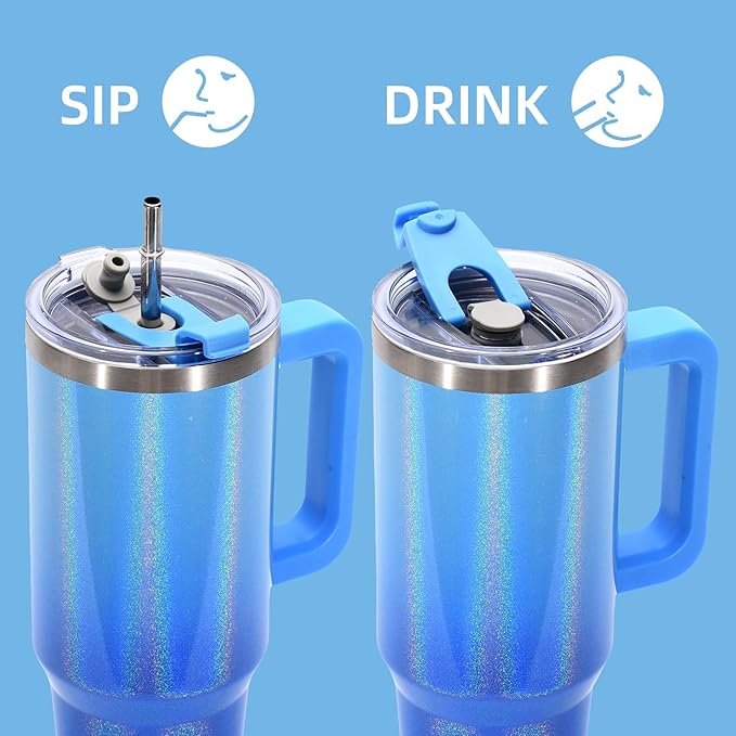 40 oz Shiny Tumbler with Handle,Tumbler with Lid and Straw,Double Wall Insulated Cup Stainless Steel Travel Mug(Cold for 34 Hours),Water Bottle for Iced Tea,Coffee,Cold Beverages(Blue)